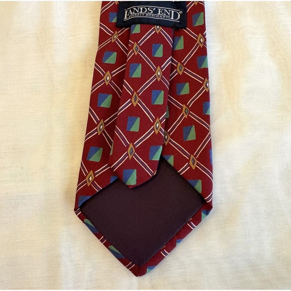 Lands End Silk Necktie Red Green Blue Geometric Diamond Print Tie Long 62" USA - Picture 4 of 9